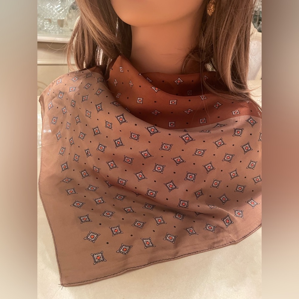 Silk-Feel Brown Patterned Square Scarf